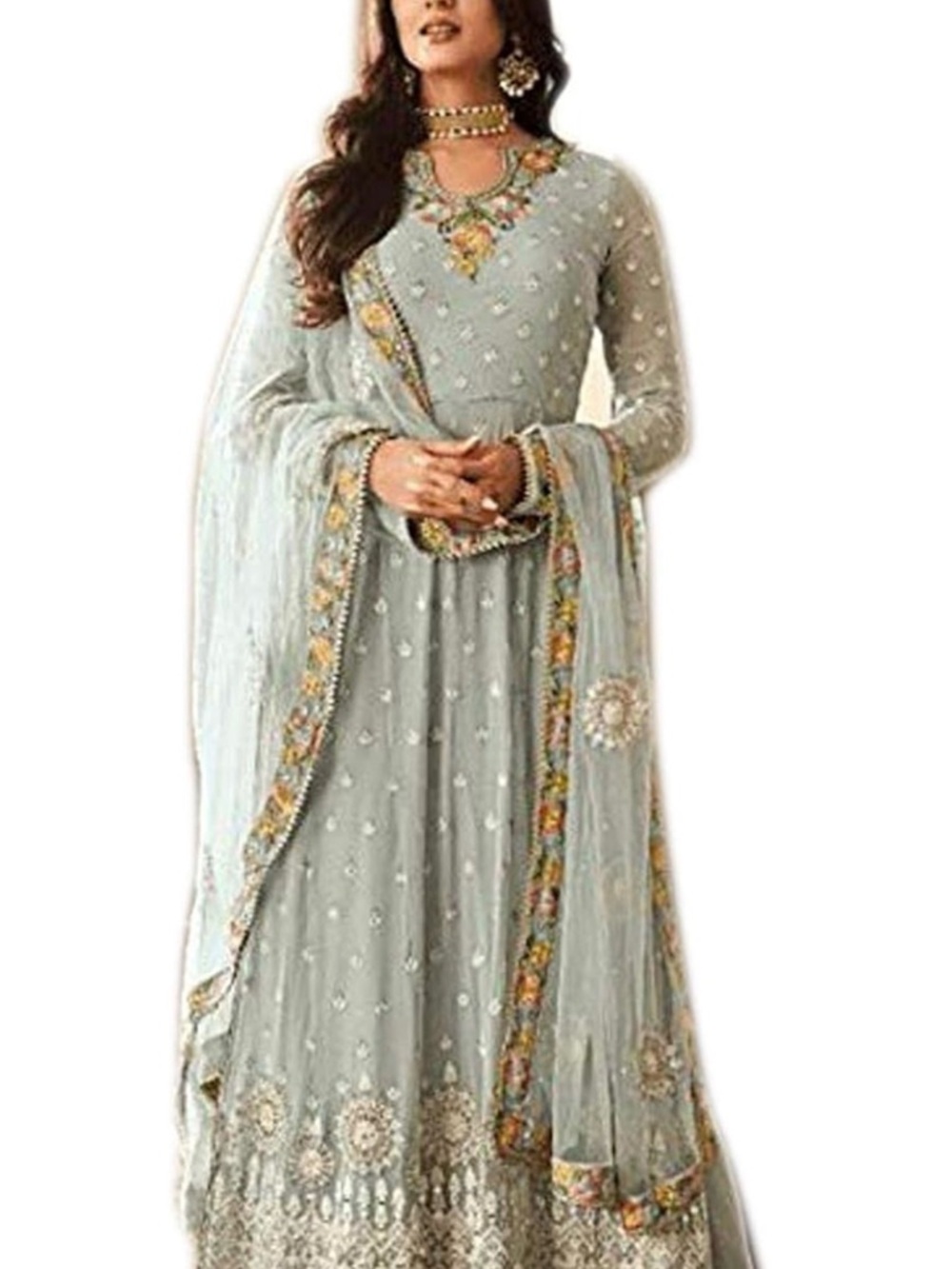 Elegant Light Gray Embroidered Anarkali Dress with Dupatta